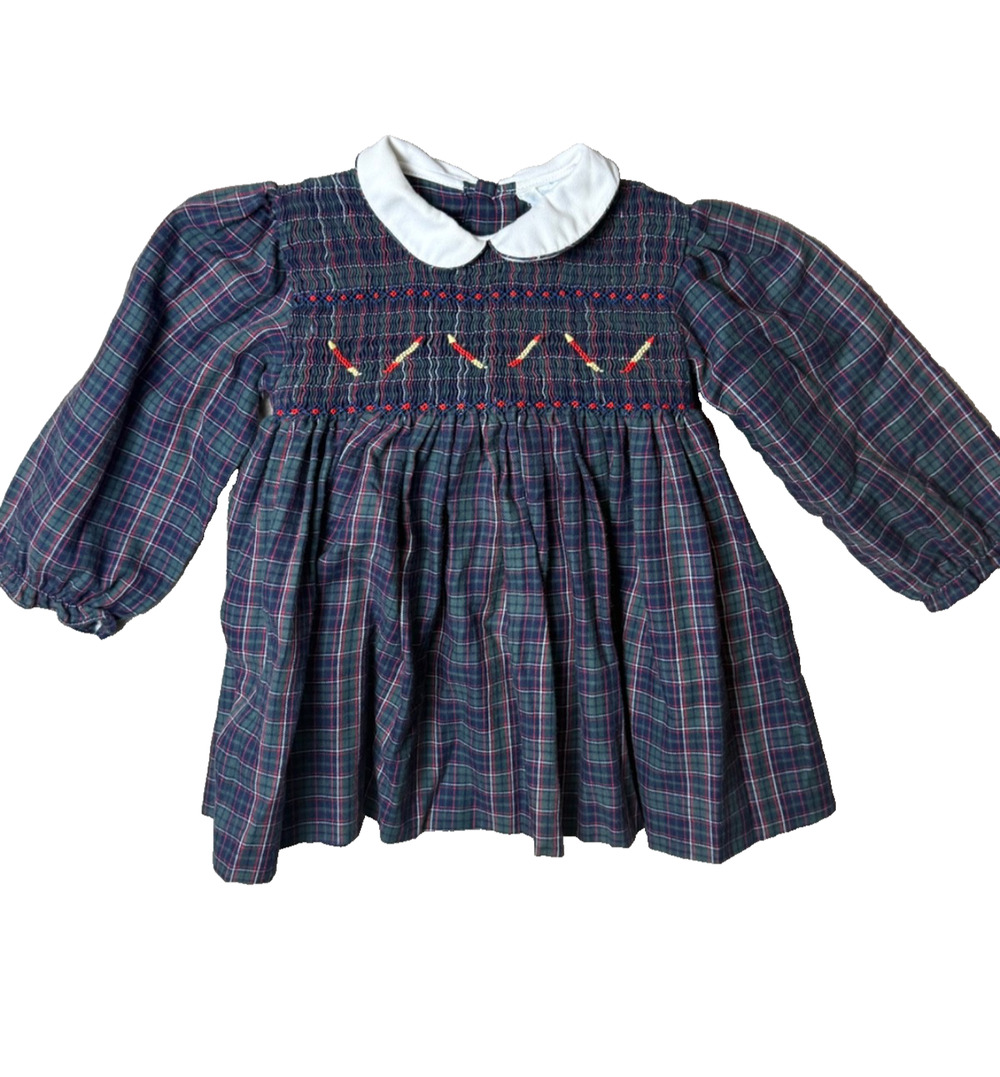 Plaid Smocked Baby Long Sleeved Dress White Collar Vtg 24 Mo 2T Holiday